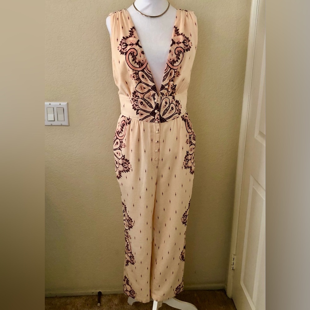 Free People Cream and Brown Patterned Jumpsuit w/Open Back